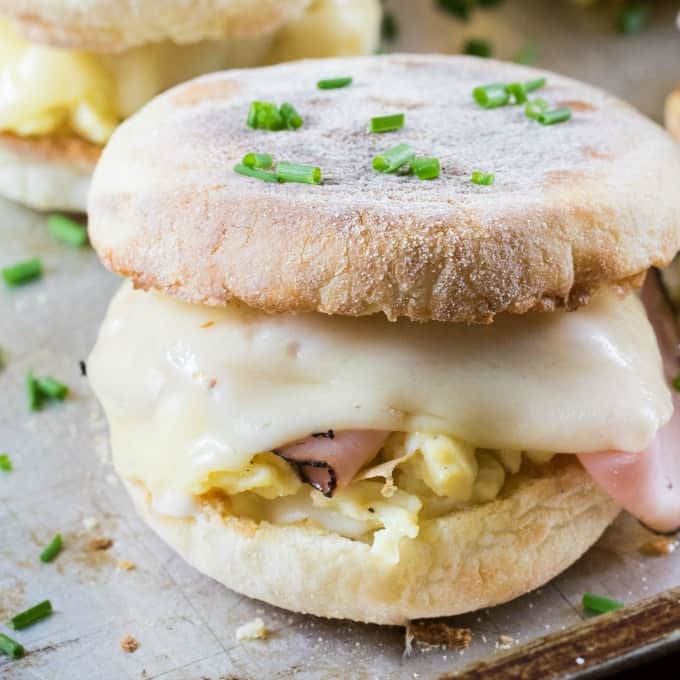 Close up of a Cordon Bleu Breakfast Sandwich with Dijon Cream Sauce