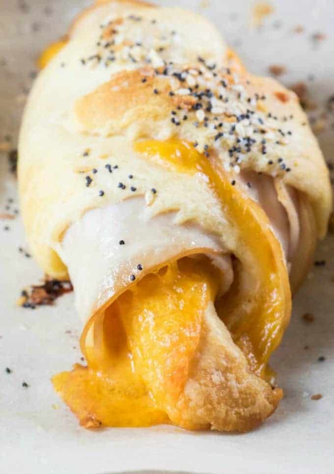 Close up of a Everything Bagel Turkey Cheddar Crescent Roll