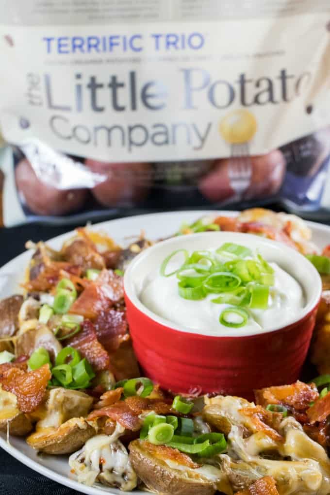 Irish Nachos on a platter with a bag of Terrific Trio Little potatoes in the background