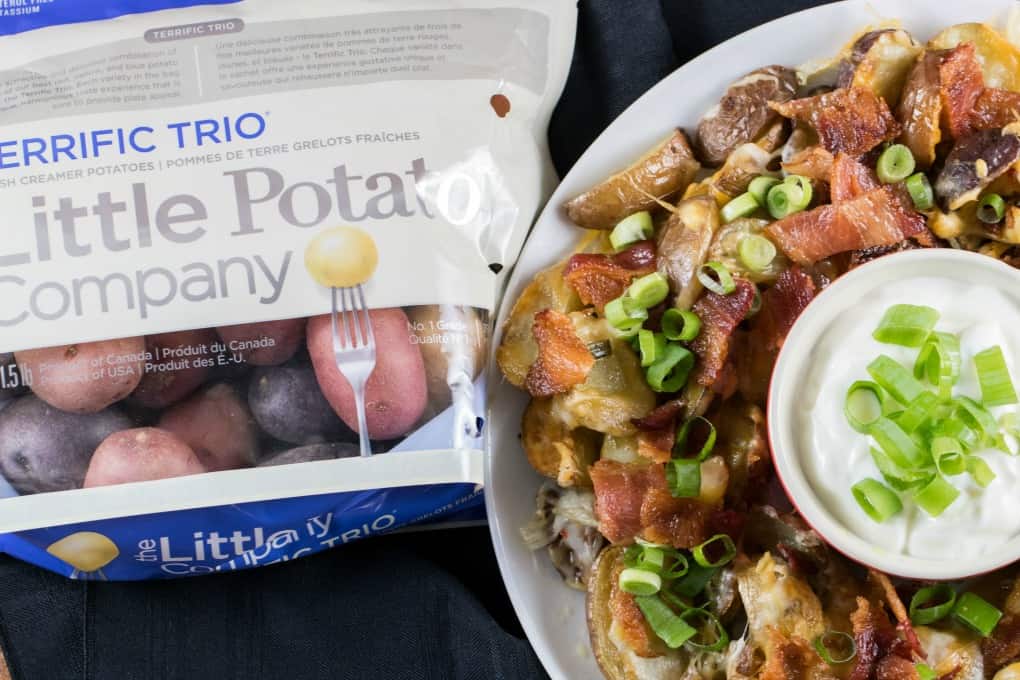 Overhead view of a bag of The Little Potato Company Terrific Trio and Irish Nachos