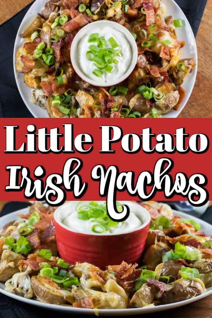 Little Potato Irish Nachos are a fun twist on a traditional tortilla nacho platter. These are like potato skins without all the fuss!! #Irishnachos #nachos #Littlepotatoes #Creamerpotatoes