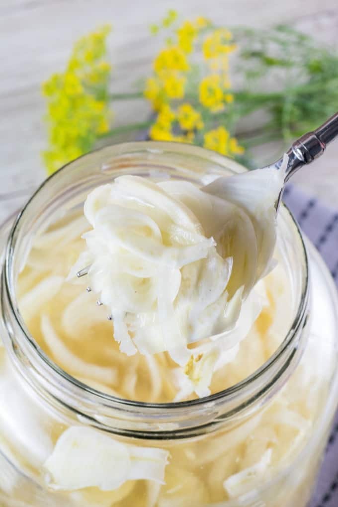 Taking a fork full of quick pickled fennel from the jar