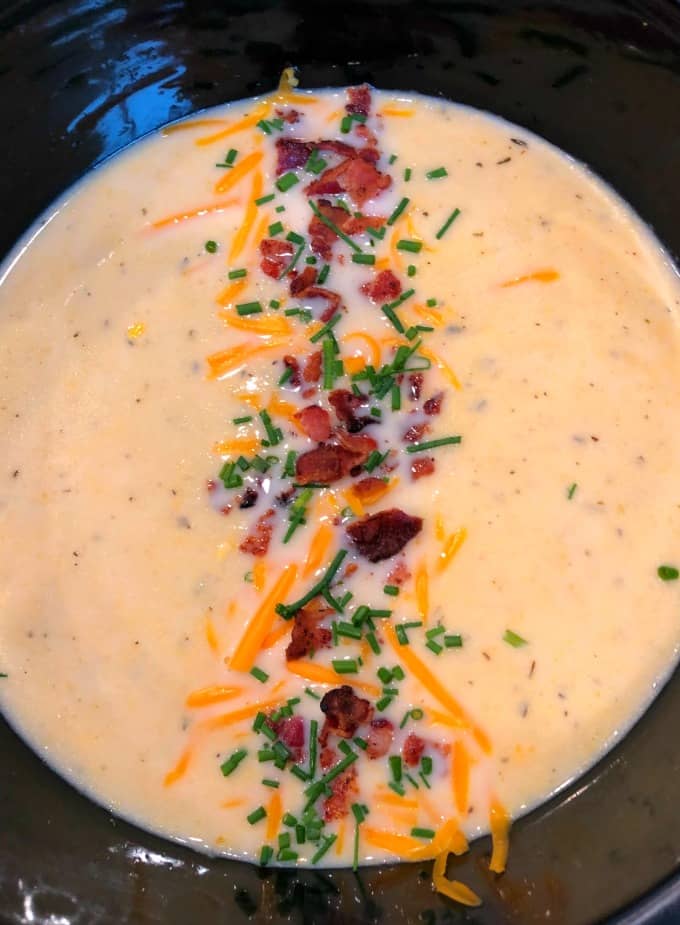 Looking inside the crock pot or Slow Cooker Cauliflower Corn Chowder