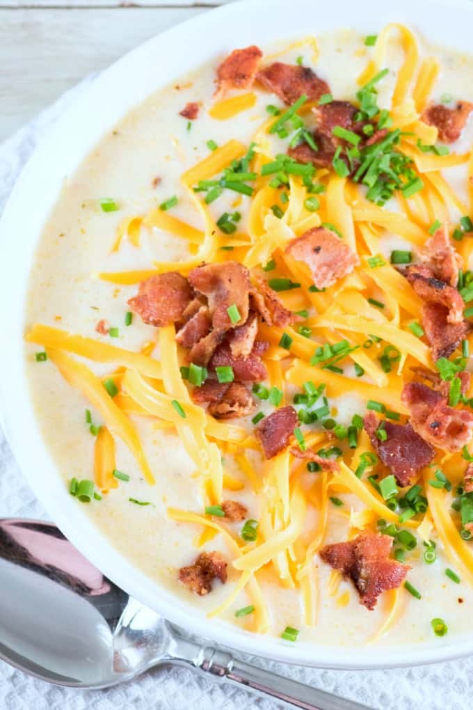 Overhead shot of the bowl of Slow Cooker Cauliflower Corn Chowder