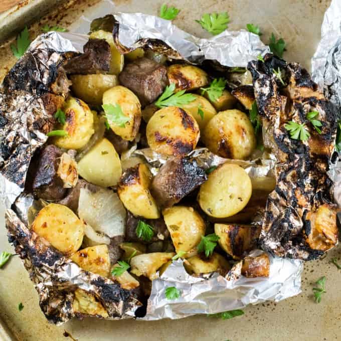 Close up of Steak and Little Potato Foil Packs 