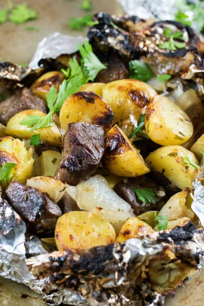 Close up of Steak and Little Potato Foil Packs 