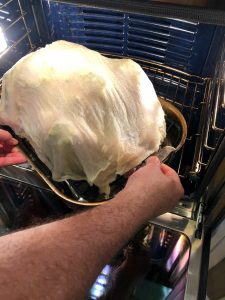 Placing the turkey in the oven