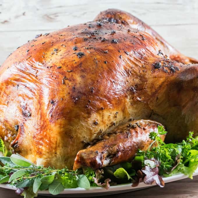 Roast Turkey on a platter with greenery