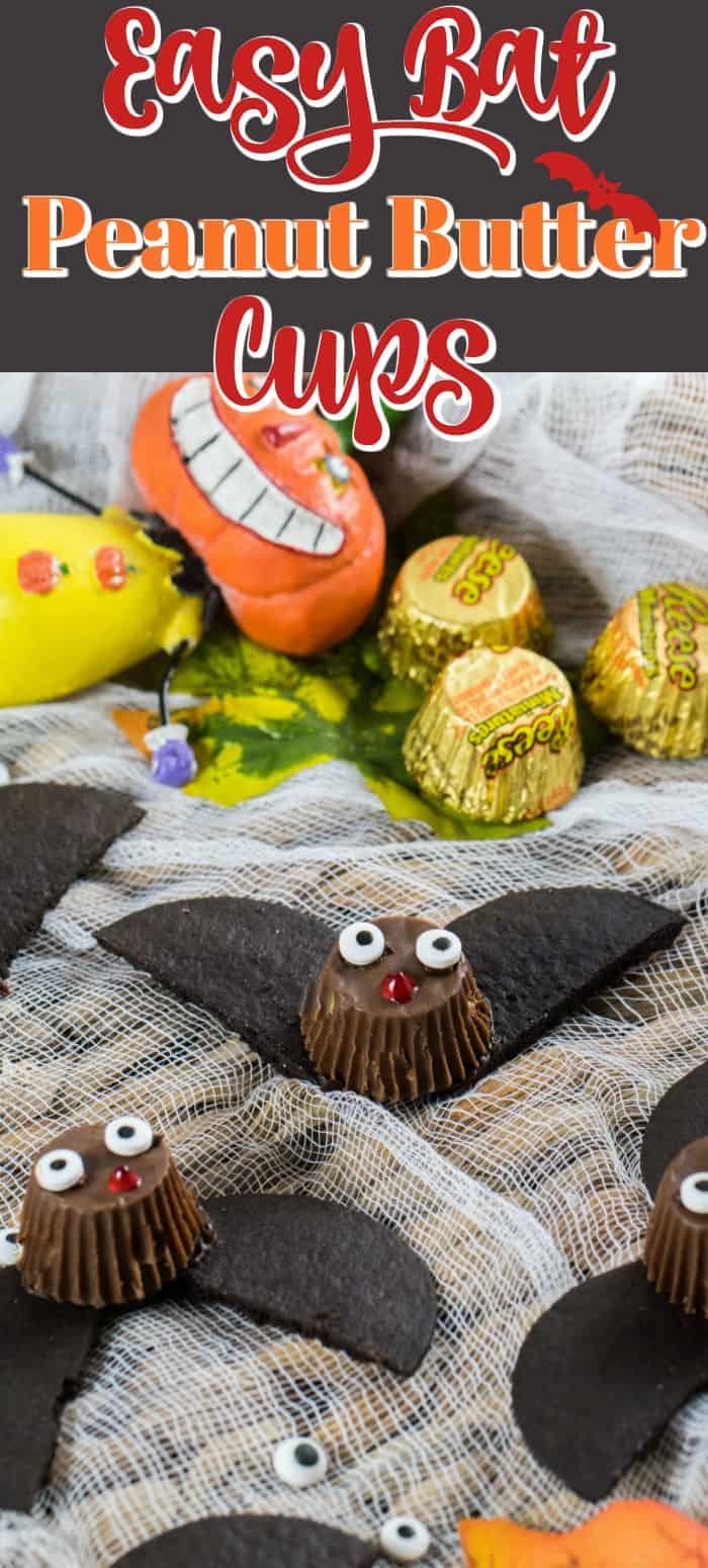 These adorable Easy Bat Peanut Butter Cups are quick to make as an edible craft that the whole family can enjoy!! #bats #treats #Halloween
