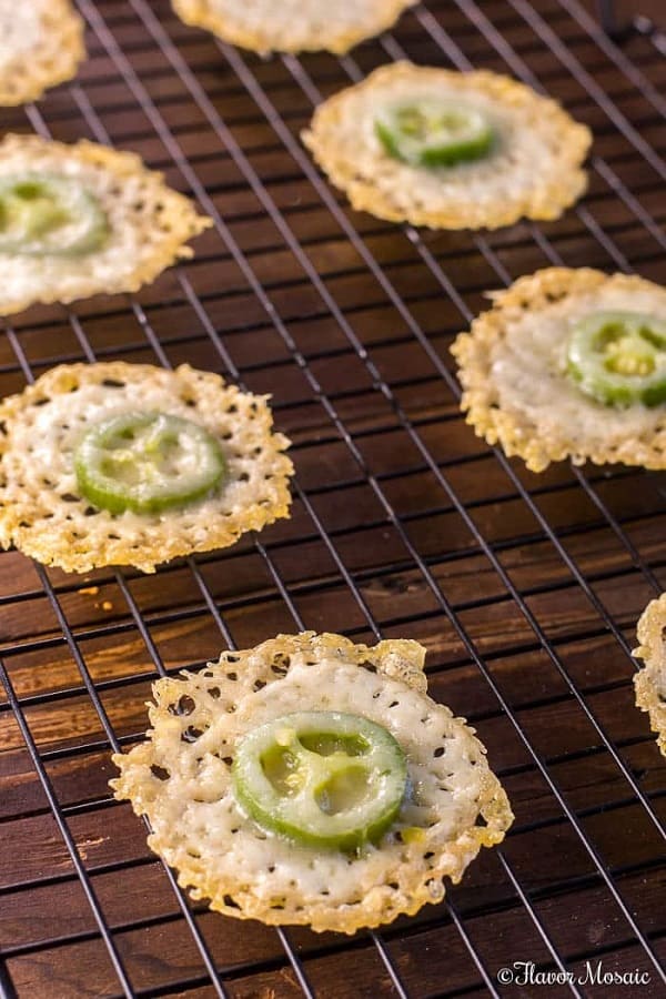 Jalapeno Parmesan Crisps on a cooling rack