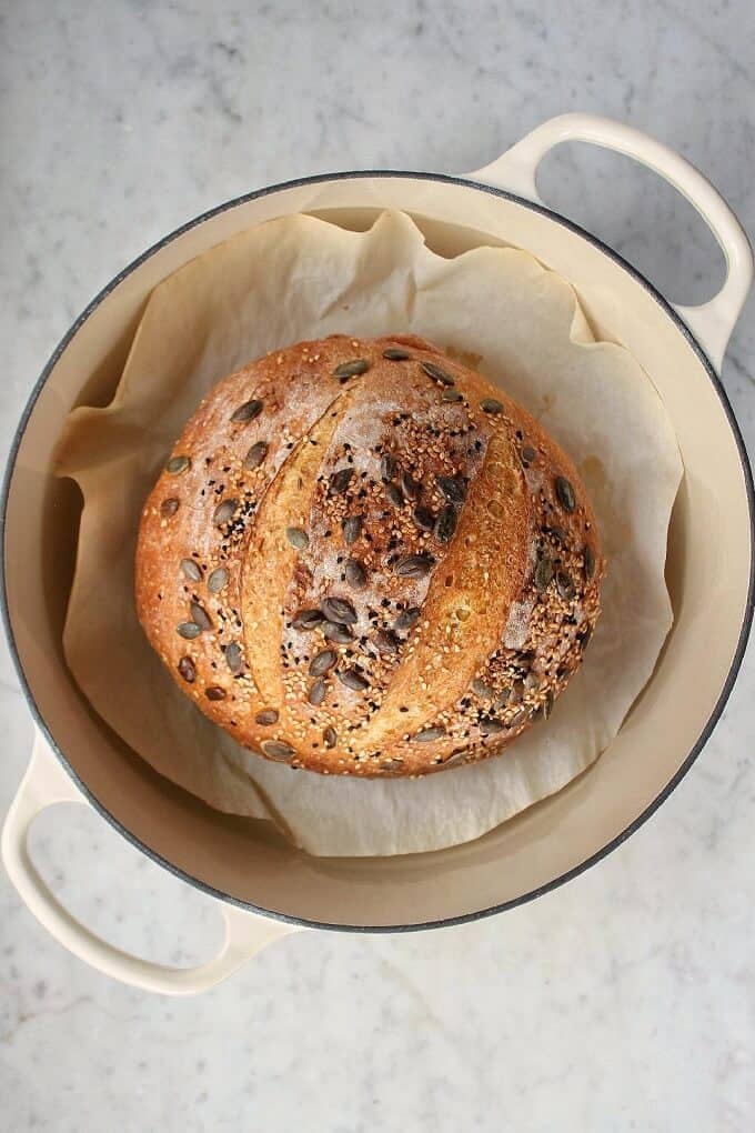 Pumpkin No Knead Bread - Bread boule topped with various seeds siting in an off white Dutch oven.