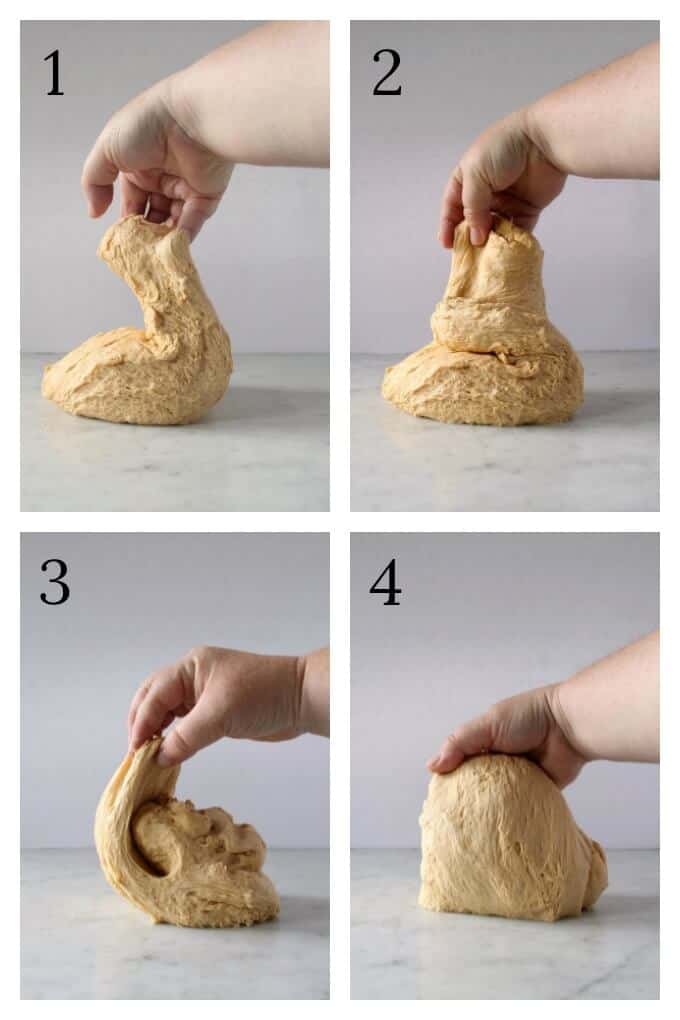 Pumpkin No Knead Bread -Process photos showing folding technique