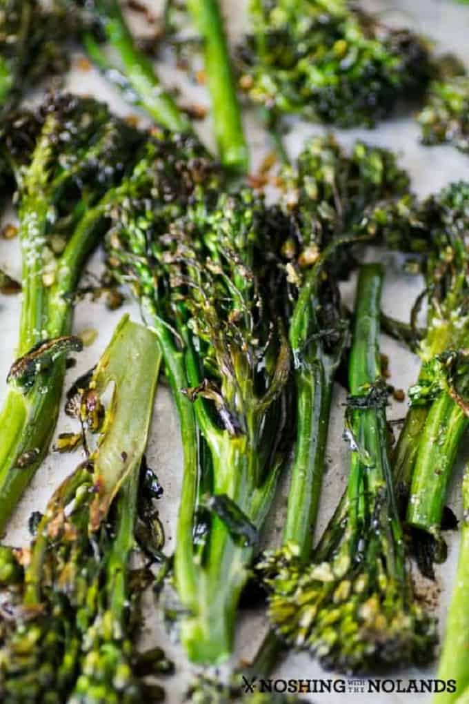 Garlic roasted broccolini on a sheet pan