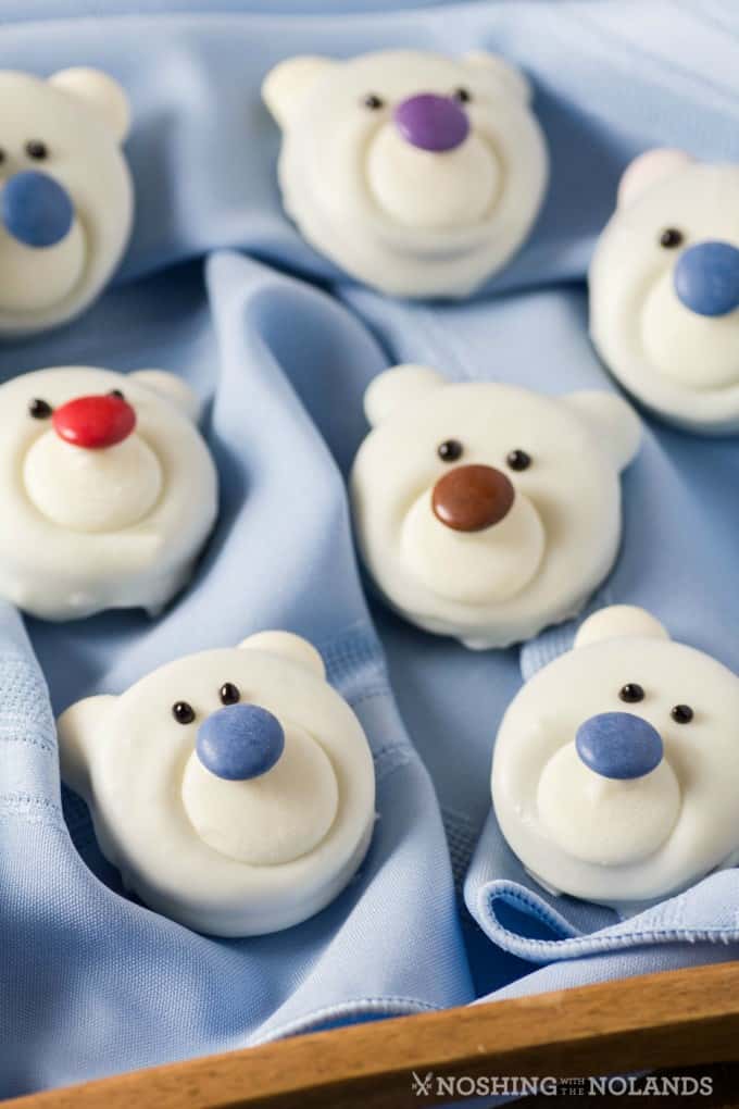 Polar Bear Cookies on a pale blue napkin on a tray