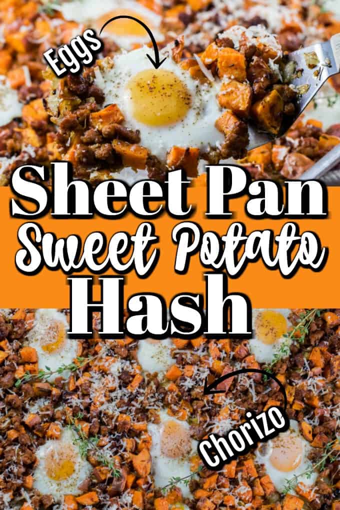 Sheet Pan Sweet Potato Hash with Eggs and Sausage will be your number one easy go to for dinner!! #eggs #WorldEggDay #ad