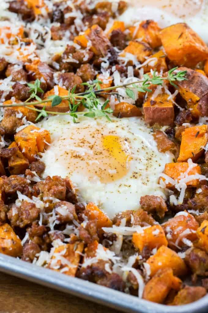 Sheet Pan Sweet Potato Hash with Eggs and Sausage