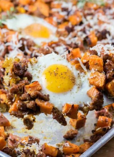 Sheet Pan Sweet Potato Hash with Eggs and Sausage hero.