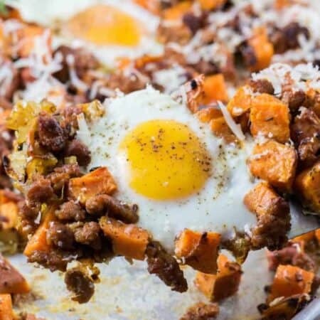 Sheet Pan Sweet Potato Hash with Eggs and Sausage hero.