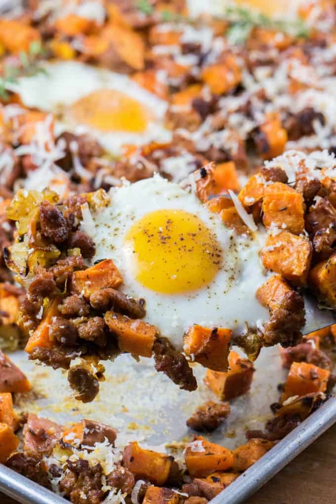 Sheet Pan Sweet Potato Hash with Eggs and Sausage