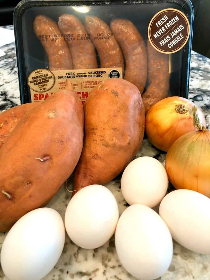 Eggs, onions, sweet potatoes and chorizo