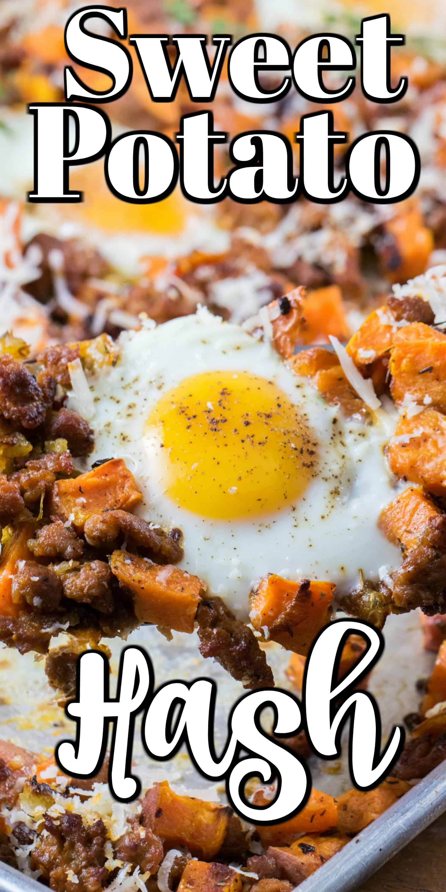 Sheet Pan Sweet Potato Hash with Eggs and Sausage will be your number one easy go to for dinner!! #eggs #WorldEggDay #ad