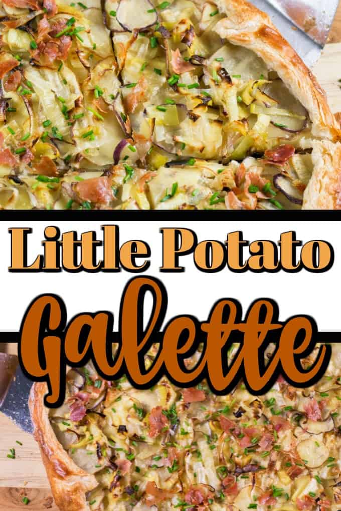 This amazing Little Potato Galette is great to serve for brunch to dinner or an appetizer. It is filled with Creamer potatoes, goat cheese, garlic, chives and topped with leeks and Proscuitto for the perfect combination of flavors. #littlepotatoes #Creamerpotatoes #galette #potatogalette