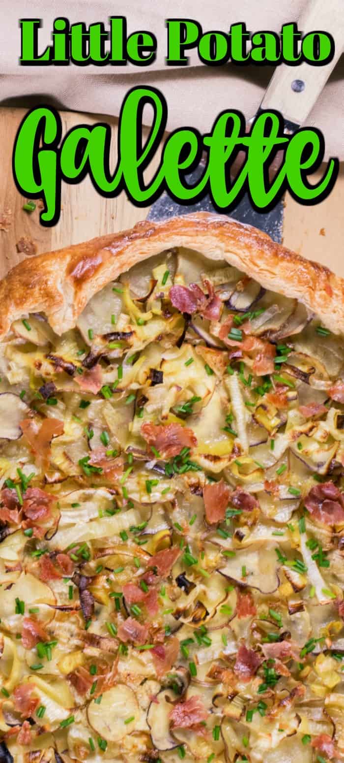 This amazing Little Potato Galette is great to serve for brunch to dinner or an appetizer. It is filled with Creamer potatoes, goat cheese, garlic, chives and topped with leeks and Proscuitto for the perfect combination of flavors. #littlepotatoes #Creamerpotatoes #galette #potatogalette