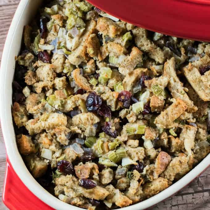 Noland's Homemade Stuffing Recipe in a red casserole, square photo