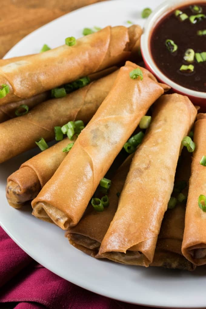 Turkey Spring Roll Recipe on a white plate with Cranberry Dipping Sauce