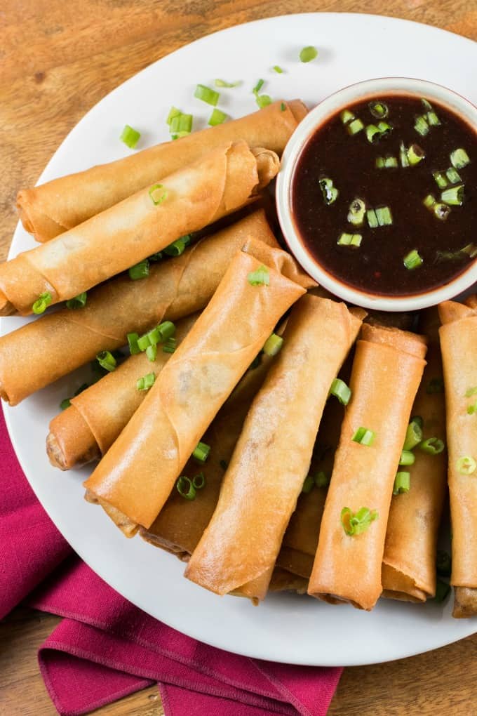Turkey Spring Roll Recipe on a white plate with Cranberry Dipping Sauce