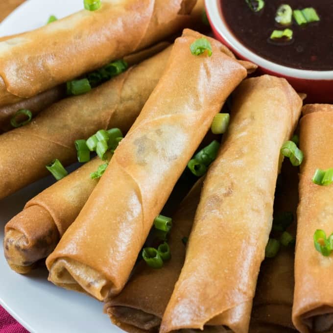 Spring rolls on a white plate with dipping sauce