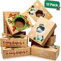 Christmas Cookie Boxes - Bulk 12 Pack Kraft - Large Holiday Christmas Food, Bakery Treat Boxes with Window, Candy and Cookie Boxes for Gift Giving - Kraft Packaging Containers & Tins with Lids