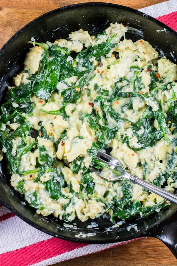 Overhead shot of spinach and eggs