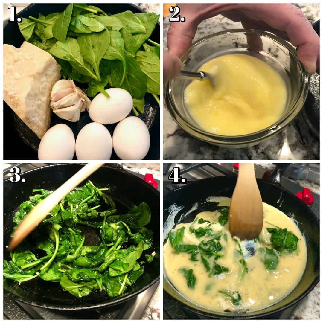 Prep work for scrambled eggs with spinach
