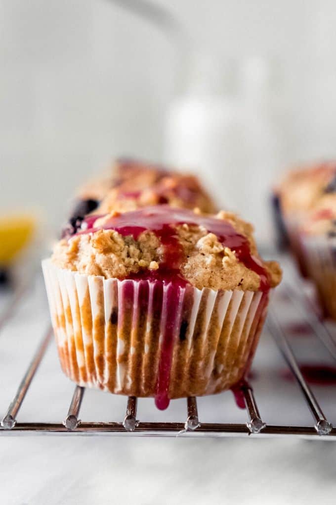 a close up of a lemon blueberry muffin