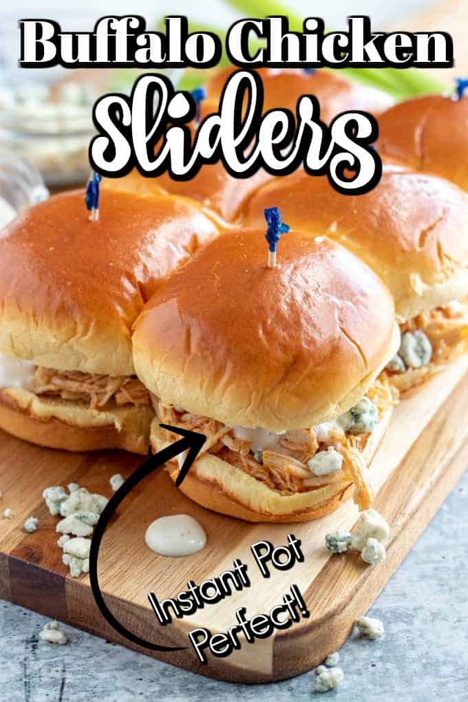 Buffalo Chicken Sliders (Instant Pot) are the best combination of melted butter and buffalo sauce mixed with chicken topped with blue cheese on a Hawaiian roll. Equally great for game day as they are any day!! #buffalochicken #sliders #IntstantPot