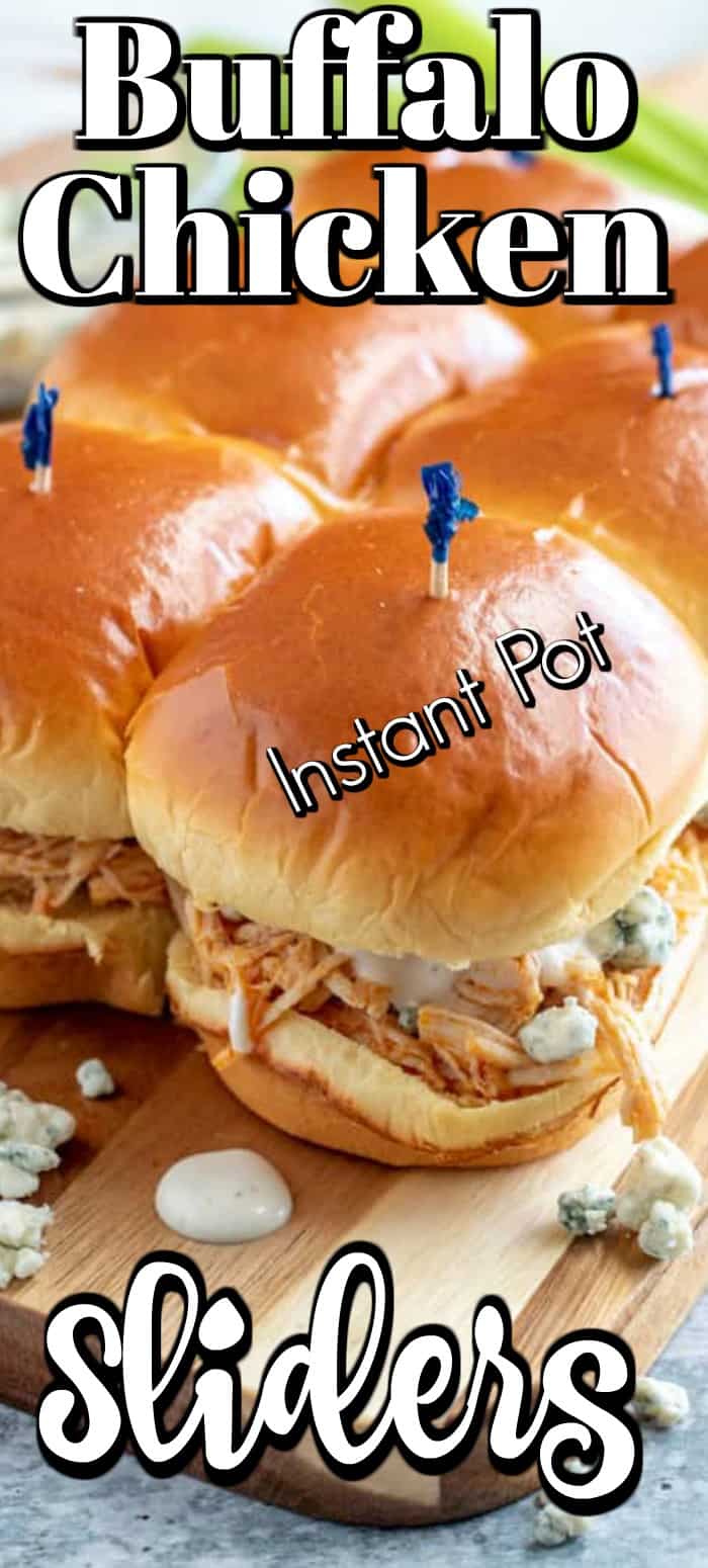 Buffalo Chicken Sliders (Instant Pot) are the best combination of melted butter and buffalo sauce mixed with chicken topped with blue cheese on a Hawaiian roll. Equally great for game day as they are any day!! #buffalochicken #sliders #IntstantPot