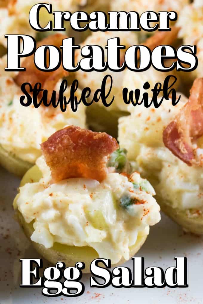 Creamer Potatoes Stuffed with Egg Salad are an amazing treat for Game Day or for anytime. They are easy to make and a classic that everyone will love!! #Creamerpotatoes #Littlepotatoes #eggsalad #appetizer