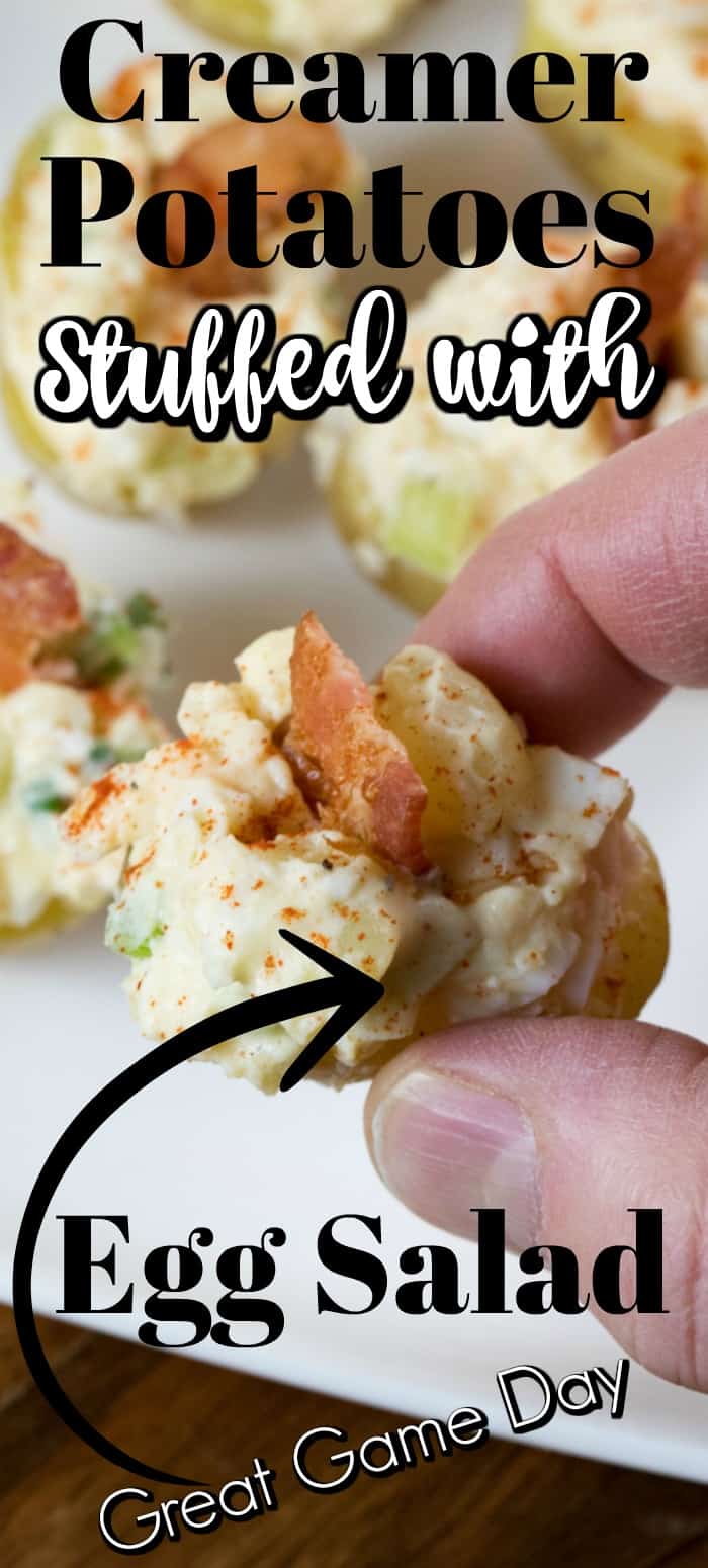 Creamer Potatoes Stuffed with Egg Salad are an amazing treat for Game Day or for anytime. They are easy to make and a classic that everyone will love!! #Creamerpotatoes #Littlepotatoes #eggsalad #appetizer