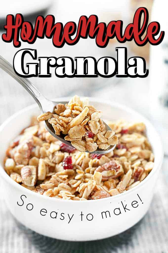 Sweetened with maple syrup, this easy Homemade Granola recipe is a delicious, crunchy treat. #granola #homemade