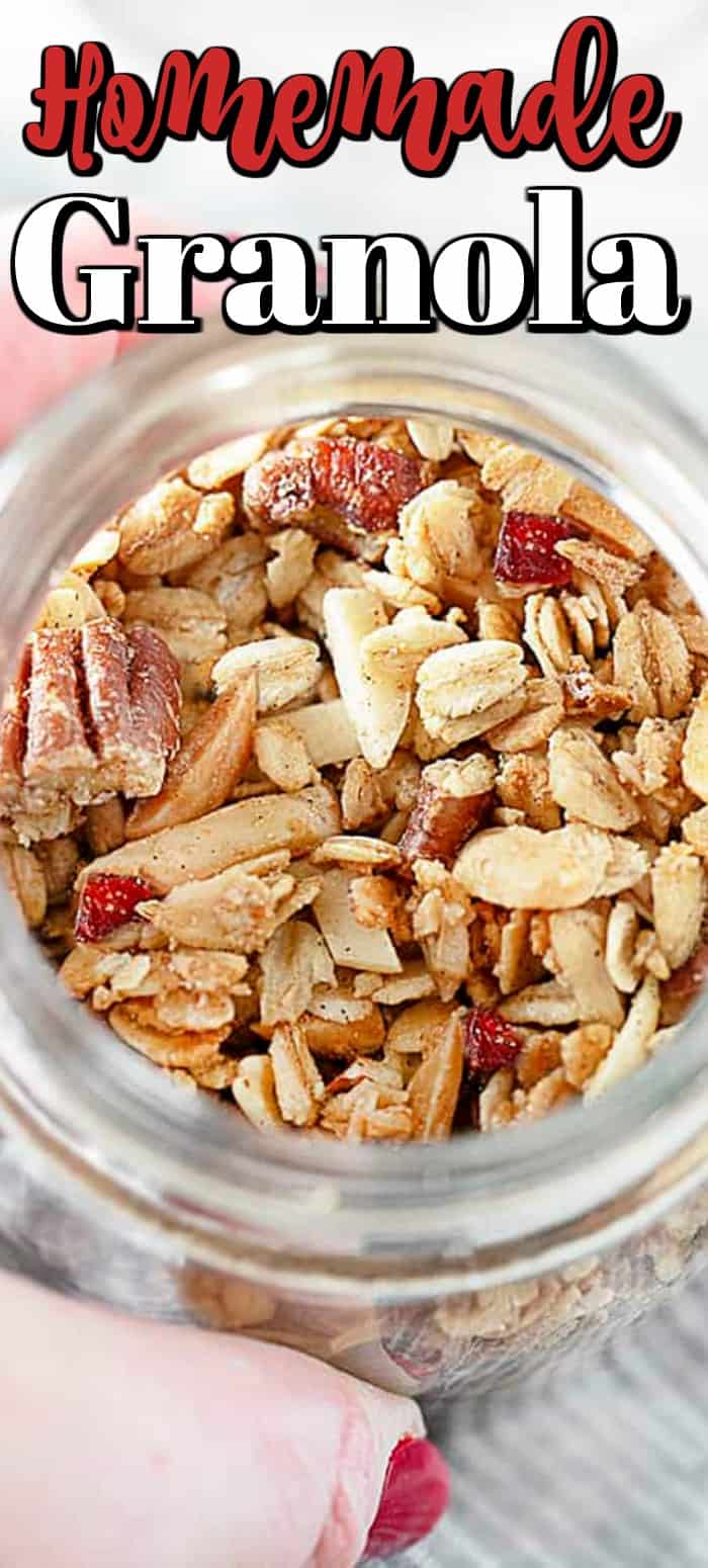 Sweetened with maple syrup, this easy Homemade Granola recipe is a delicious, crunchy treat. #granola #homemade