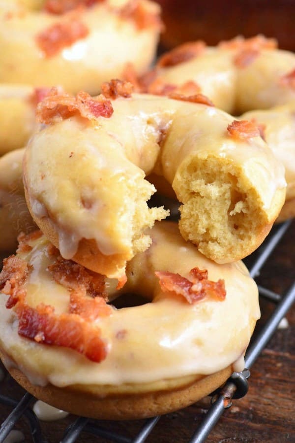 maple bacon donuts on a wire cooling rack 