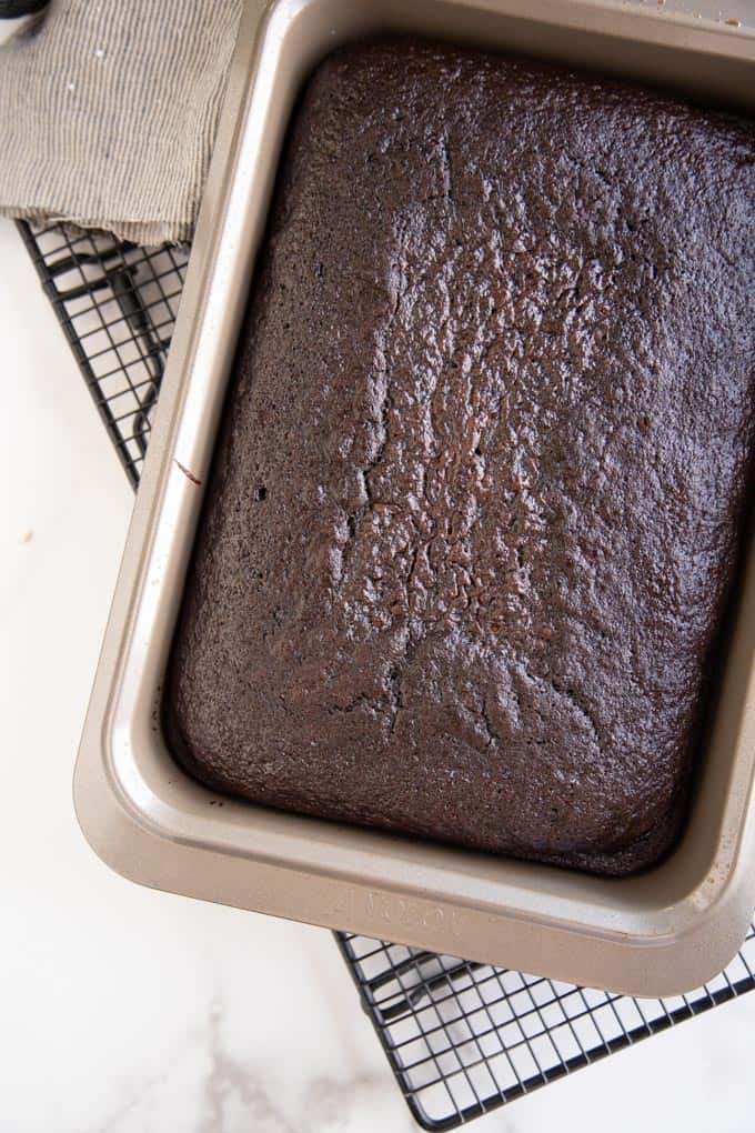 chocolate cake out of the oven