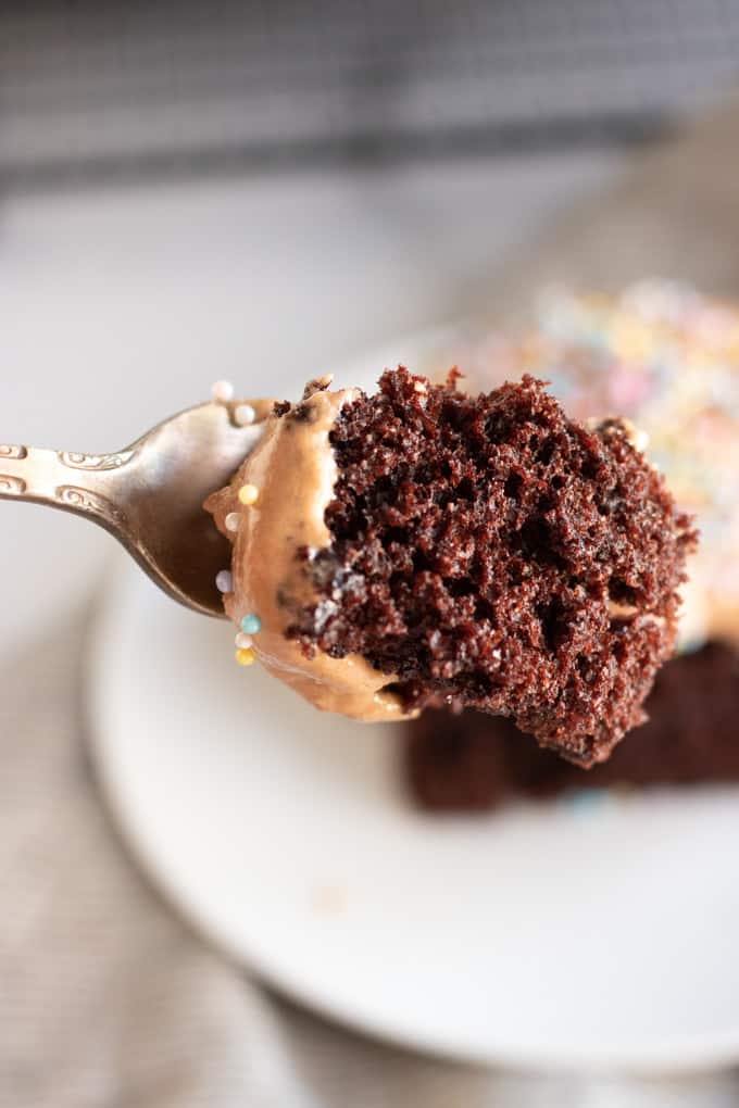 a fork full of chocolate cake
