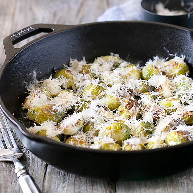 Roasted Brussels Sprouts in a Cast Iron pan with Parmesan cheese