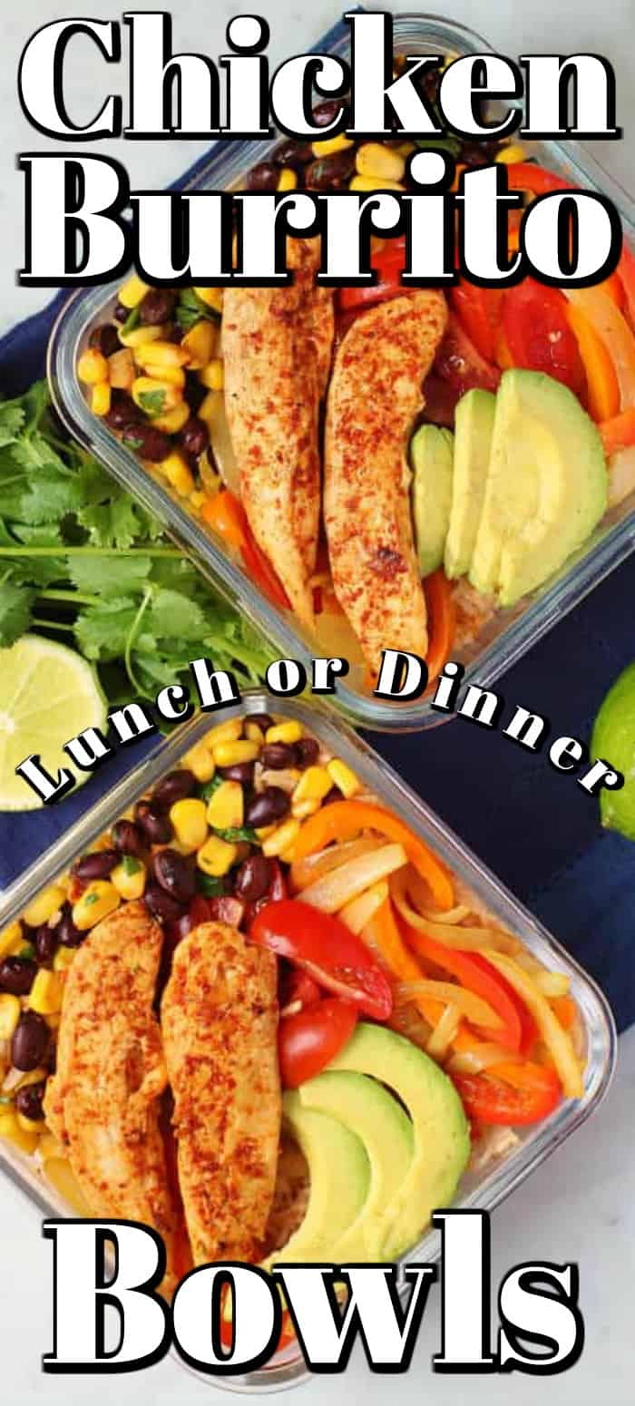 Healthy Chicken Burrito Bowl is full of fresh ingredients and exploding with flavor! Chicken breast tenders and tasty vegetables make a great meal prep recipe rotation! #burritobowl #chicken #healthy