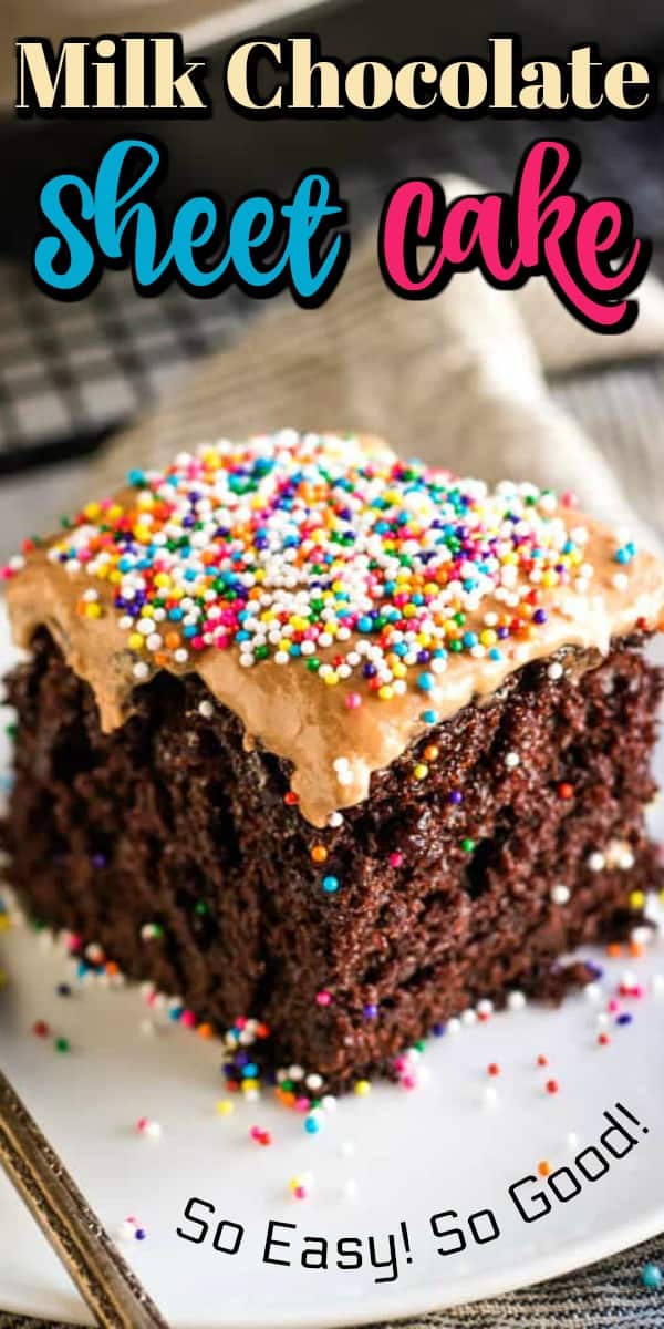 This Milk Chocolate Sheet Cake is perfect for any occasion. It mixes up and bakes fast, meaning you can get it decorated in time for a birthday or any kind of holiday (mix up the sprinkles!). #sheetcake #chocolatecake