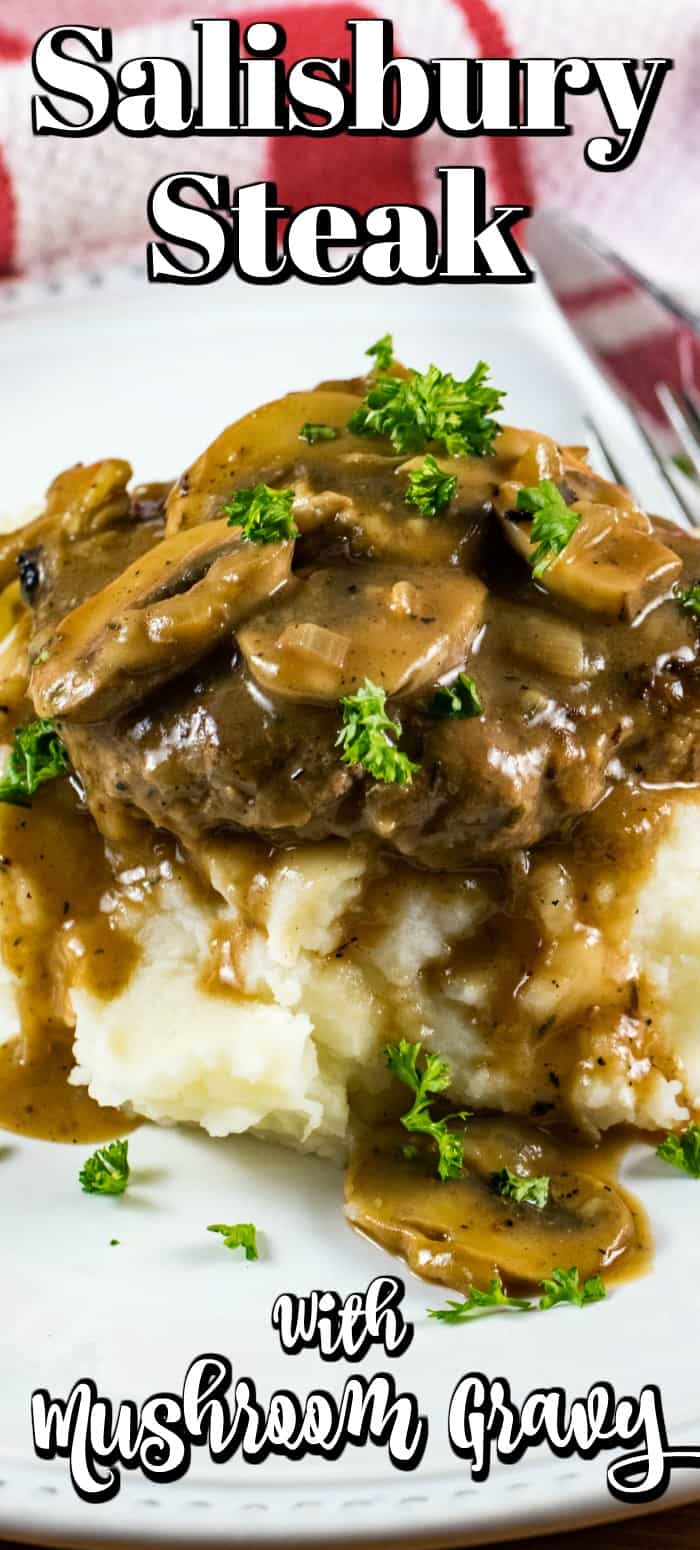 Salisbury Steak with Mushroom Gravy is pure comfort food that the family will love. A delicious beef entree that is cooked in one large skillet for easy cleanup! #Salisburysteak #mushroomgravy #AlbertaBeef