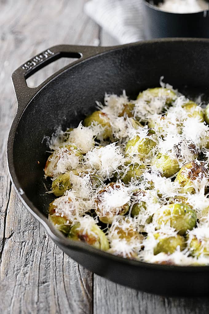 Roasted Brussels Sprouts with Cheese in Cast Iron Skillet