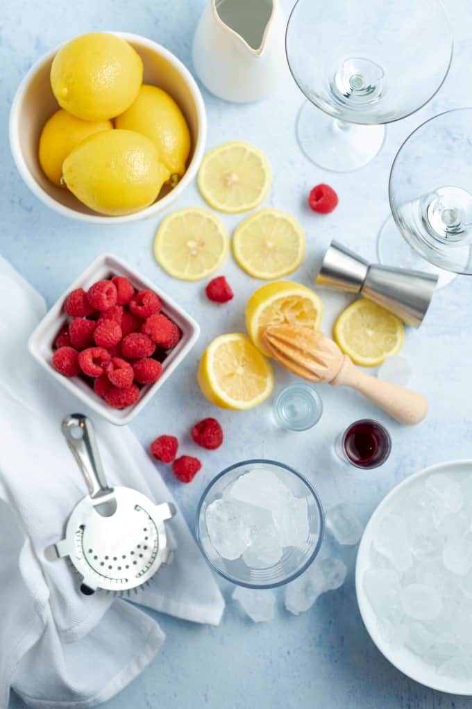 Overhead shot of ingredients for a Bramble Cocktail